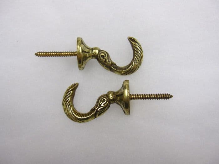 2 Brass curtain tassel hooks Dolphin tie back wall hooks SOLID BRASS
